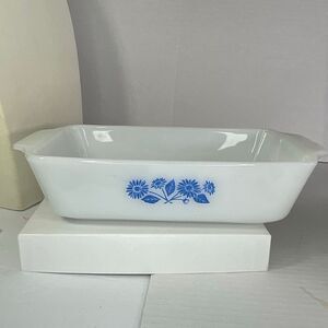 Vintage Fire-King Anchor Hocking casserole loaf pan blue floral design
